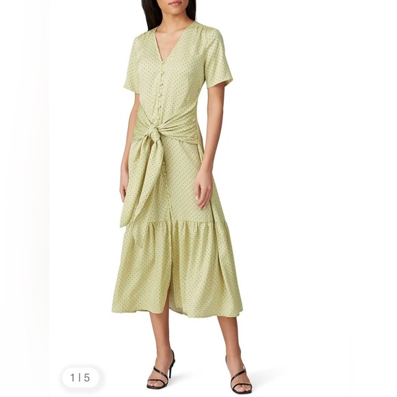 ANTHROPOLOGIE X LOVE, WHIT CITRON DOT  TIE WAIST MIDI DRESS - Picture 1 of 13